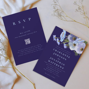 Elegantes Wasserfarben-Blumen-Navy-Hochzeits-QR-Co Einladung