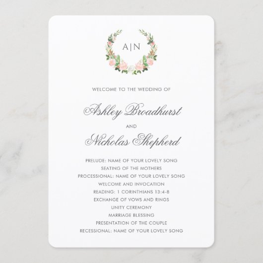 Elegantes Wasserfarben-Blumenwappen Hochzeit Programm (Vorderseite)