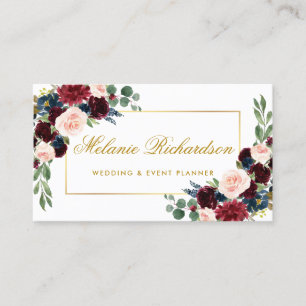 Elegantes Wasserfarben-Bordeaux-Blau-Blumen-Gold Visitenkarte