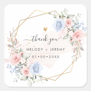 Elegantes Wasserfarben Dusty Blue Blush Rosa Danke Quadratischer Aufkleber