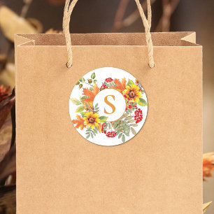 Elegantes Wasserfarben Herbst Blumen Monogramm  Runder Aufkleber