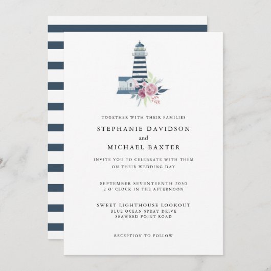 Elegantes Wasserfarben Leuchtturm Nautical Minimal Einladung (Vorne/Hinten)