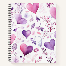 Elegantes Wasserfarben-Lila-Herzen & Floral Notizblock
