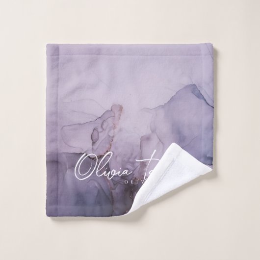 Elegantes Wasserfarben Lila Name Badetuch Badhandtuch Set (Waschlappen)