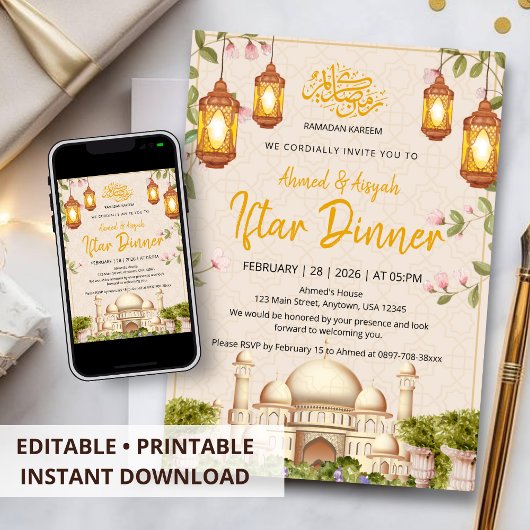 Elegantes Wasserfarben-Moschee- & Laternen-Iftar-D Einladung