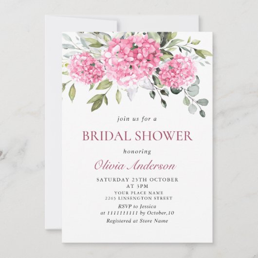 Elegantes Wasserfarben-Pink-Hydrangea-BRAUTPARTY Einladung (Vorderseite)