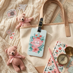 Elegantes Wasserfarben-Rosa-Floral-Monogramm-Name Gepäckanhänger