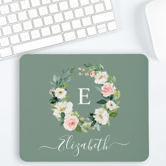 Elegantes Wasserfarben-Rosa-Floral-Salbei-Grün-Mon Mousepad