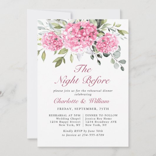 Elegantes Wasserfarben Rosa Hydrangea Probe Abende Einladung (Vorderseite)
