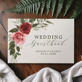 Elegantes Wasserfarben Rosa und Rote Rosen Hochzei Gästebuch