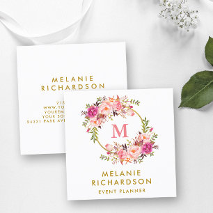 Elegantes Wasserfarben-Rosé-Blumen-Gold-Monogramm Quadratische Visitenkarte