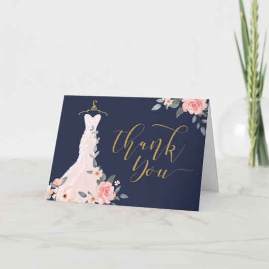 Elegantes Wasserfarben Rose Hochzeitskleid Dankeskarte (Vorderseite)