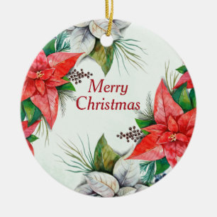 Elegantes Wasserfarben-Rot Poinsettie Floral Weihn Keramik Ornament