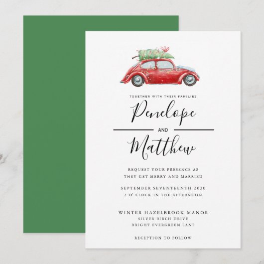 Elegantes Wasserfarben Rustikales Auto Weihnachten Einladung (Vorne/Hinten)