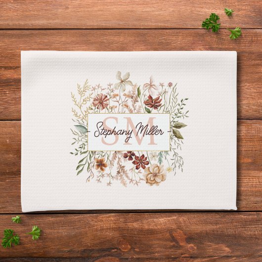 Elegantes Wasserfarben-Wildblumen-Blumenmonogramm  Geschirrtuch