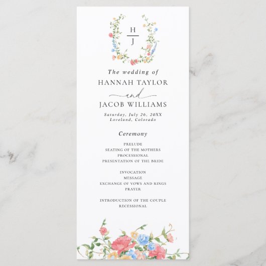 Elegantes Wasserfarben-Wildblumen-Hochzeitsprogram Programm (Vorderseite)