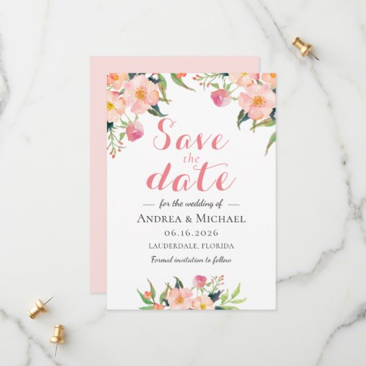Elegantes Wasserfarbenfloral Save the Date (Vorderseite/Rückseite Beispiel)