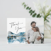 Elegantes Wasserfarbengebirge Hochzeitliches Foto Dankeskarte (Stehend Vorderseite)