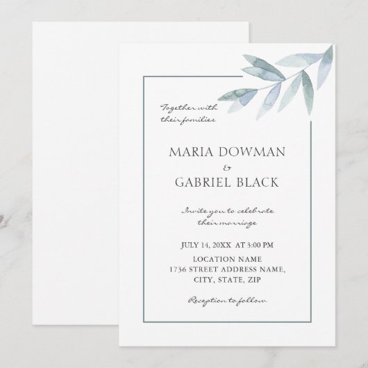 Elegantes Wasserfarbengrün Botanische luftige Hoch Einladung (Vorne/Hinten)