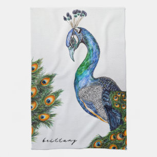Elegantes Wasserfarbenpfauenmonogramm Geschirrtuch