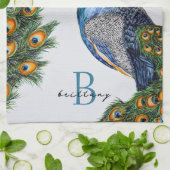 Elegantes Wasserfarbenpfauenmonogramm Geschirrtuch (Gefaltet)