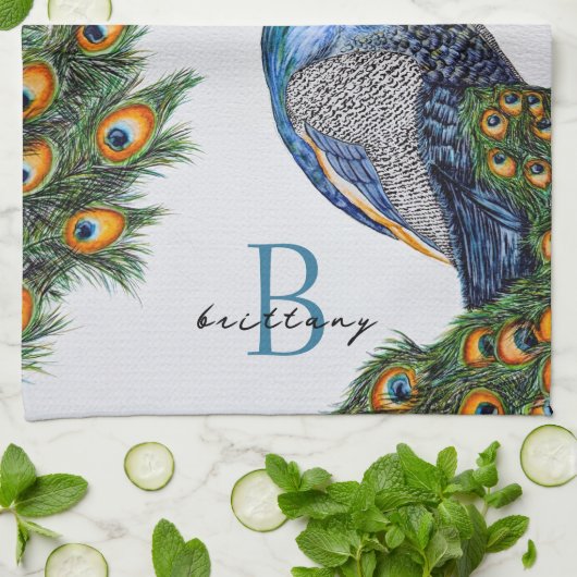 Elegantes Wasserfarbenpfauenmonogramm Geschirrtuch (Gefaltet)