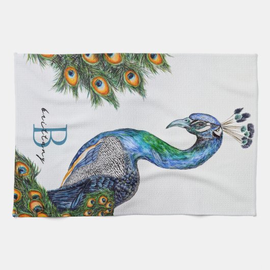Elegantes Wasserfarbenpfauenmonogramm Geschirrtuch (Horizontal)