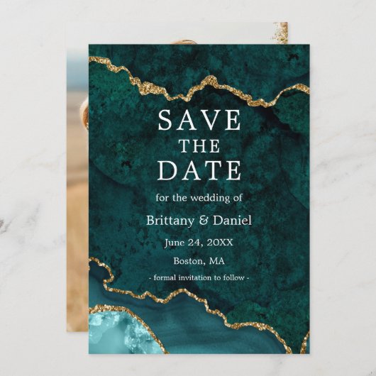 Elegantes Watercolor Aquamarin Marble Agate Geode  Save The Date (Vorne/Hinten)