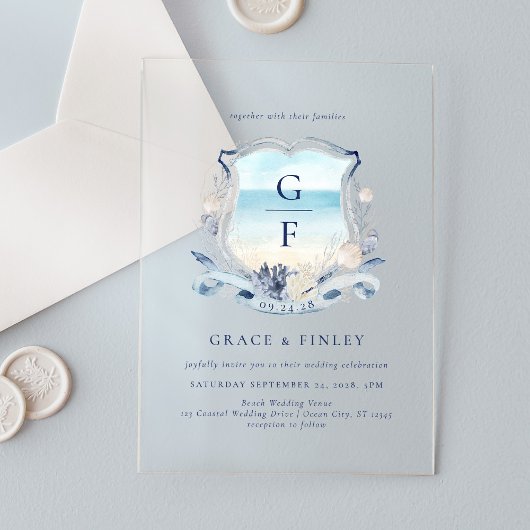 Elegantes Watercolor Beach Monogram Wappen Wedding Acryleinladungen