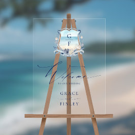 Elegantes Watercolor Beach Monogram Wappen Wedding Acrylschild