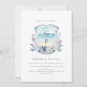 Elegantes Watercolor Beach Monogram Wappen Wedding Einladung (Vorderseite)