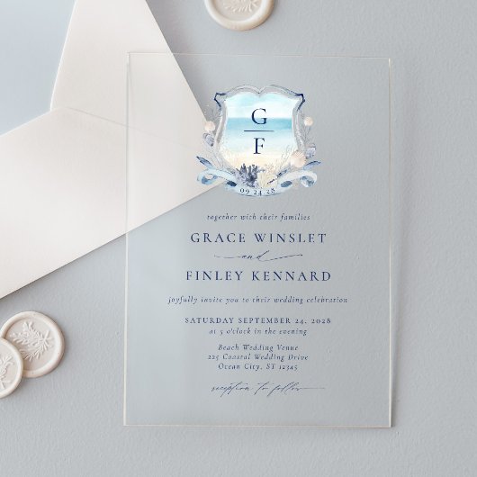 Elegantes Watercolor Beach Monogram Wedding Wappen Acryleinladungen