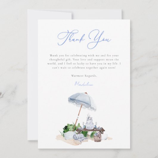 Elegantes Watercolor Beach Picnic Blue Brautparty Dankeskarte (Vorderseite)