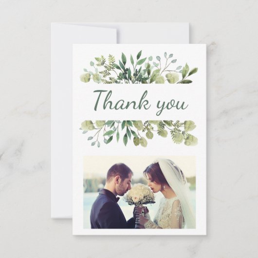 Elegantes Watercolor Blätter Custom Wedding Foto Dankeskarte (Vorderseite)
