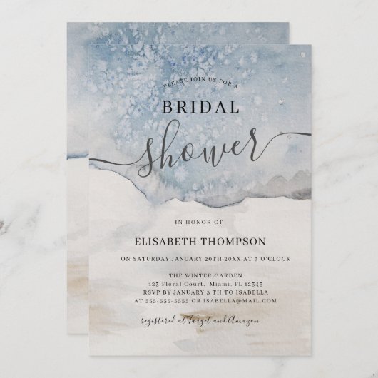 Elegantes Watercolor Blau Modernes Brautparty Einladung (Vorne/Hinten)