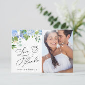 Elegantes Watercolor Blue Hydrangea 4 Foto Dankeskarte (Stehend Vorderseite)