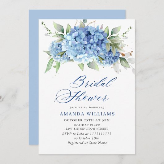 Elegantes Watercolor Blue Hydrangea BRAUTPARTY Einladung (Vorne/Hinten)