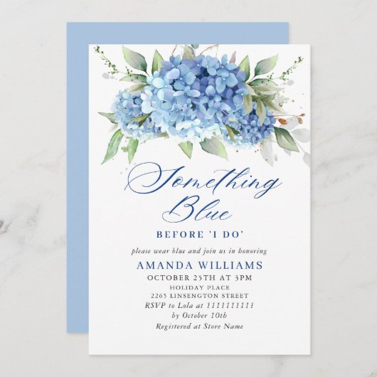Elegantes Watercolor Blue Hydrangea BRAUTPARTY Einladung (Vorne/Hinten)