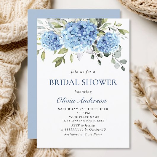 Elegantes Watercolor Blue Hydrangea BRAUTPARTY Einladung