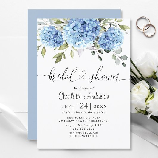 Elegantes Watercolor Blue Hydrangea BRAUTPARTY Einladung