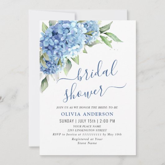 Elegantes Watercolor Blue Hydrangea BRAUTPARTY Einladung (Vorderseite)