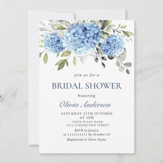 Elegantes Watercolor Blue Hydrangea BRAUTPARTY Einladung (Vorderseite)