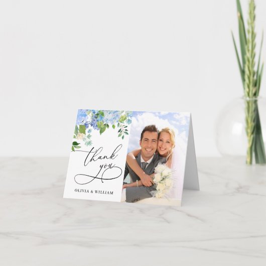 Elegantes Watercolor Blue Hydrangea Foto Dankeskarte (Vorderseite)