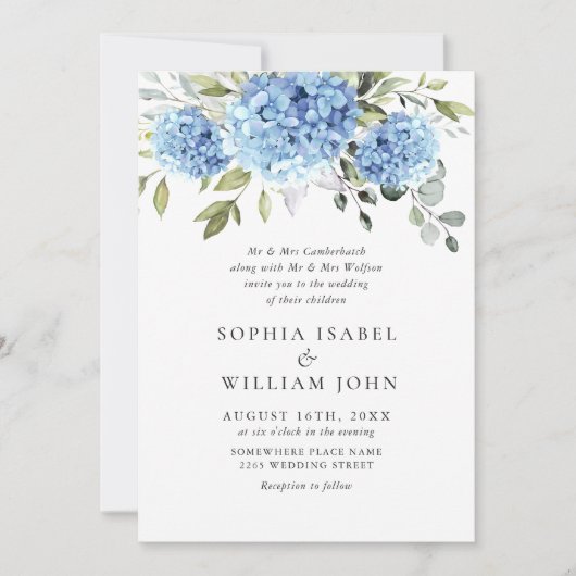 Elegantes Watercolor Blue Hydrangea Foto Hochzeit Einladung (Vorderseite)