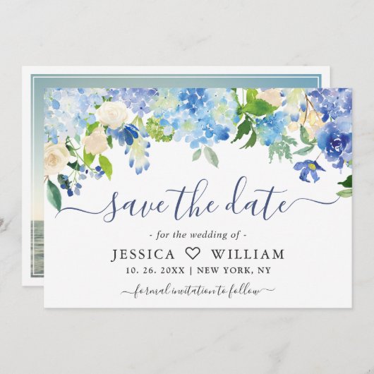 Elegantes Watercolor Blue Hydrangea FOTO Hochzeit Save The Date (Vorne/Hinten)