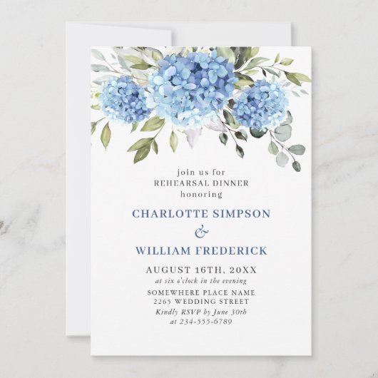 Elegantes Watercolor Blue Hydrangea Probe Abendess Einladung (Vorderseite)