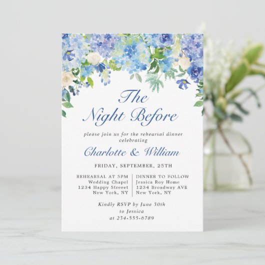 Elegantes Watercolor Blue Hydrangea Probe Abendess Einladung (Stehend Vorderseite)