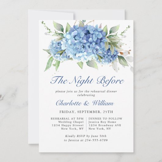 Elegantes Watercolor Blue Hydrangea Probe Abendess Einladung (Vorderseite)