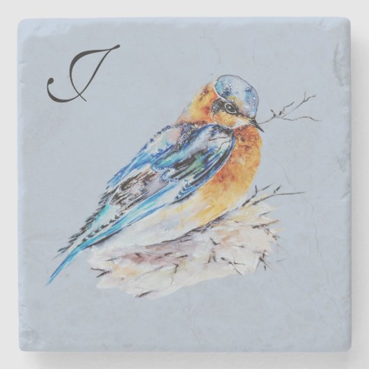 Elegantes Watercolor Bluebird Monogramm Steinuntersetzer (Vorderseite)