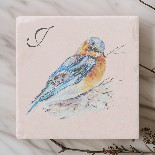 Elegantes Watercolor Bluebird Monogramm Steinuntersetzer